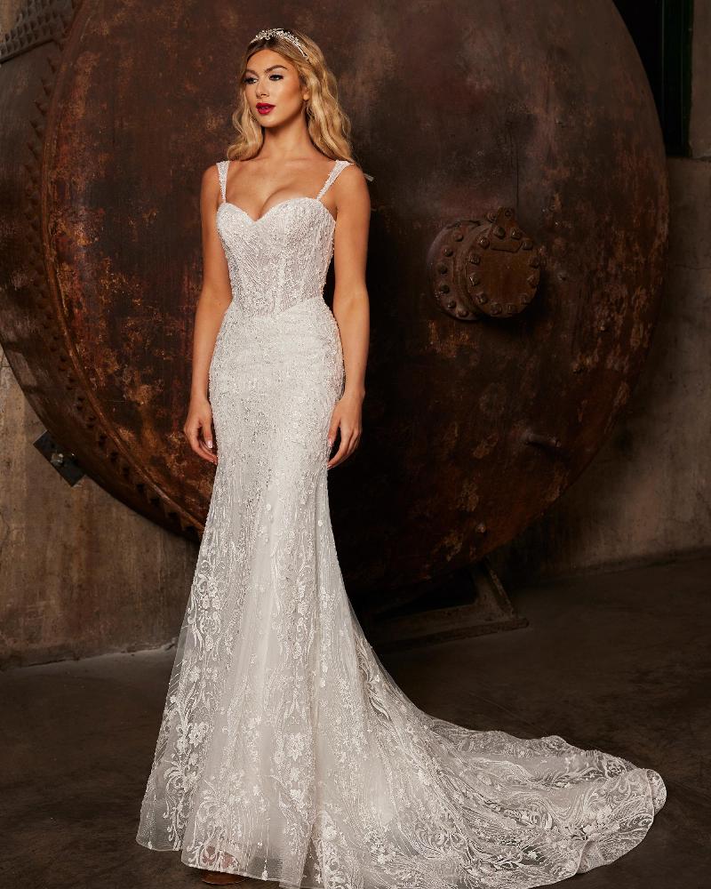 122247 fitted sparkly wedding dress with lace and sweetheart neckline1